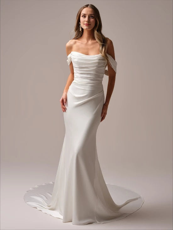 Mermaid off shoulder collar sleeveless strapless beaded backless and floor length wedding dress